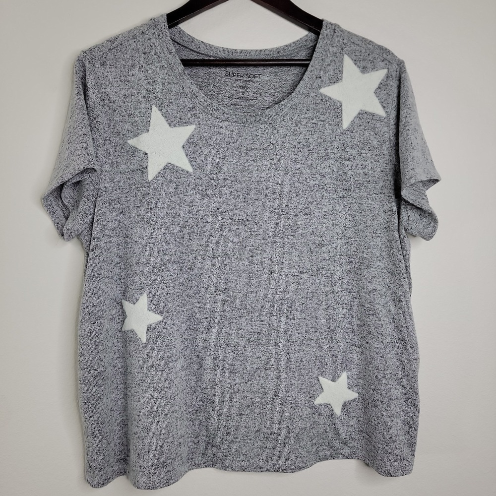 Torrid Womens 0 Large Sleep Tee Shirt Gray Flocked Stars Super Soft Short Sleeve